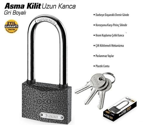 SGS Gri Renk Asma kilit uzun kanca 63mm